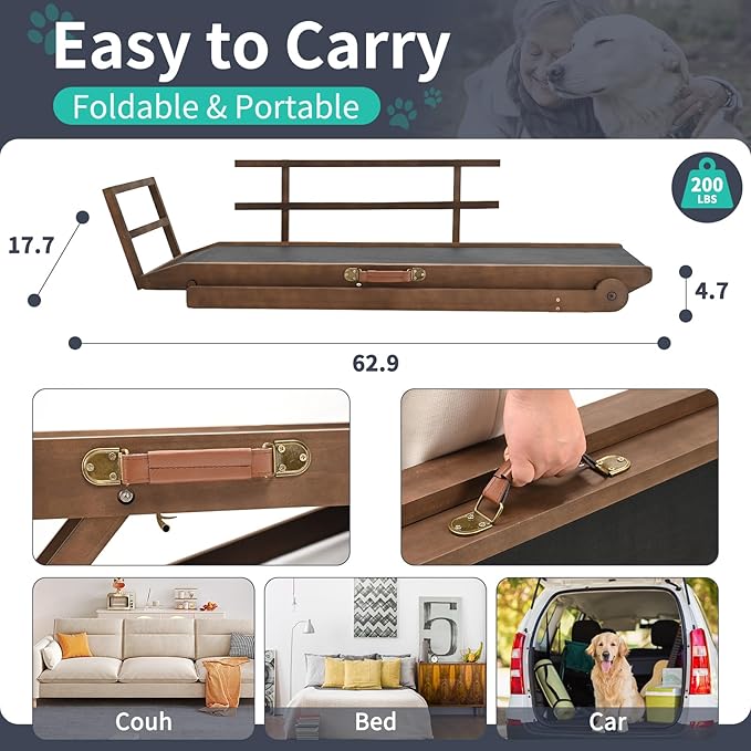 Dog Ramp, 5 Level Adjustable Height Folding Pet Ramp for High Bed, Portable Paw Ramps Large Bed Ramp for Medium &amp; Large Old Dogs &amp; Cats - Natural Wood Furniture Quality