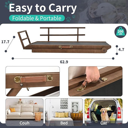 Dog Ramp, 5 Level Adjustable Height Folding Pet Ramp for High Bed, Portable Paw Ramps Large Bed Ramp for Medium &amp; Large Old Dogs &amp; Cats - Natural Wood Furniture Quality