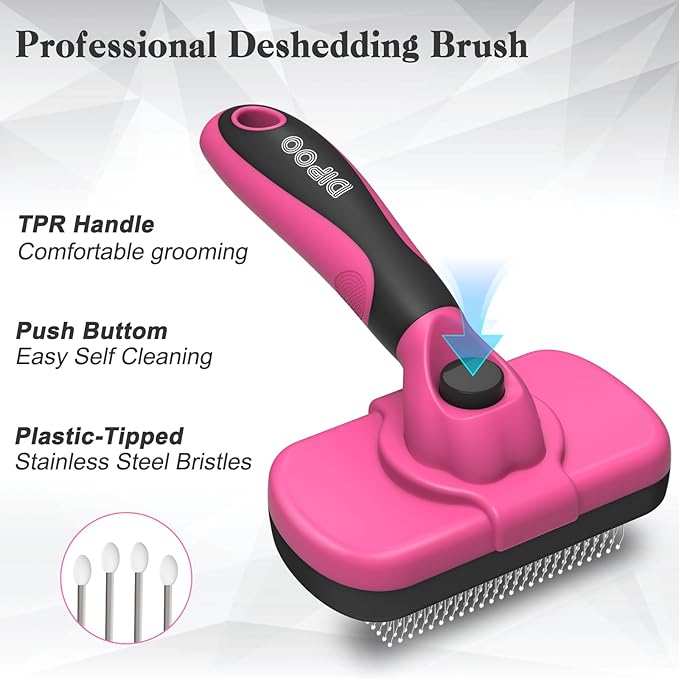 Self-Cleaning Pet Grooming Brush - Skin-Friendly Deshedding Tool for Dogs &amp; Cats in Pink, Removes Loose Hair and Tangles