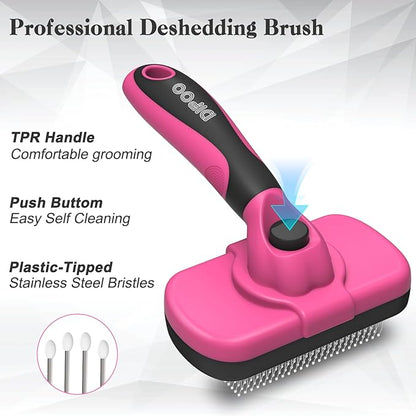 Self-Cleaning Pet Grooming Brush - Skin-Friendly Deshedding Tool for Dogs &amp; Cats in Pink, Removes Loose Hair and Tangles