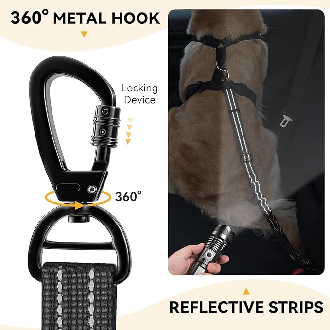 Pawaboo 2Pack Dog Seatbelt for Car, 3-in-1 Dog Car Seat Belt Bungee,Shockproof Dogs Tether for Car with Buckle &amp; Hook Latch, Adjustable Reflective Dog Car Harness Leash with 360° Lockable Buckle,Black
