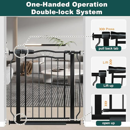 29.53"-33.85" Mornyray Auto-Close Baby Gate Extra Wide, Pressure Mounted Dog &amp; Pet Gate for Stairs Doorways, No Drill Safety Barrier with Lace Design, Metal Child Proof Gate Indoor Outdoor, Black