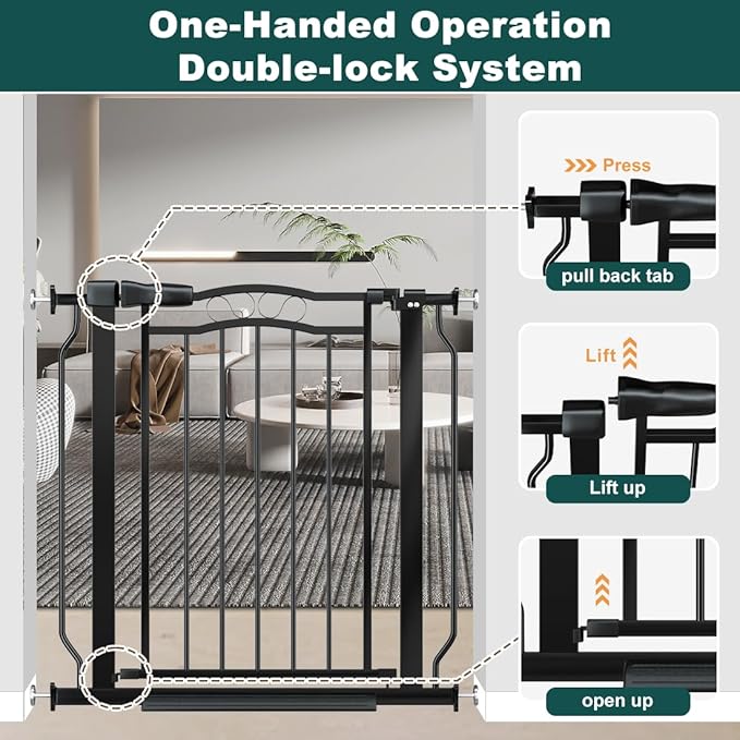 29.53"-43.30" Mornyray Auto-Close Baby Gate Extra Wide, Pressure Mounted Dog &amp; Pet Gate for Stairs Doorways, No Drill Safety Barrier with Lace Design, Metal Child Proof Gate Indoor Outdoor, Black
