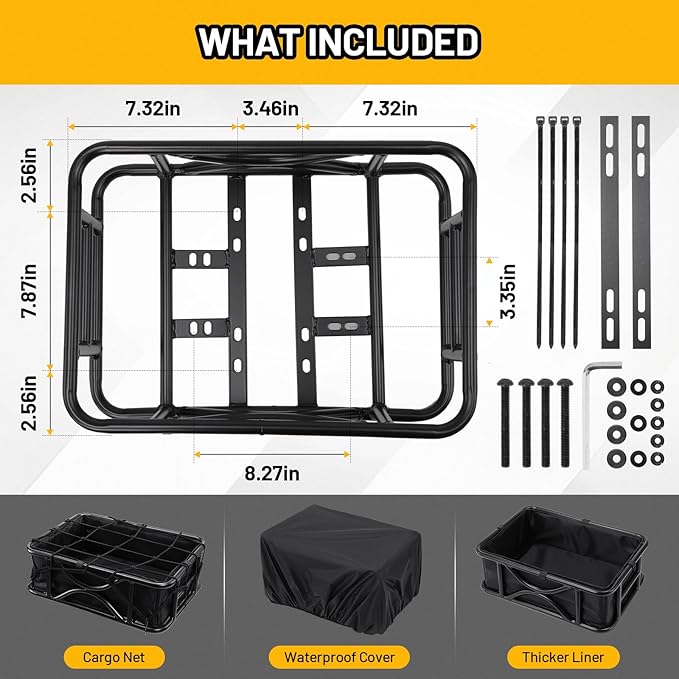 Heavy Duty Rear Bike Basket for Adults, Bicycle Cargo Basket with Removable Liner, Waterproof Cover &amp; Cargo Net, Universal Fit for E-Bike, Mountain Bike, Dog Carrier