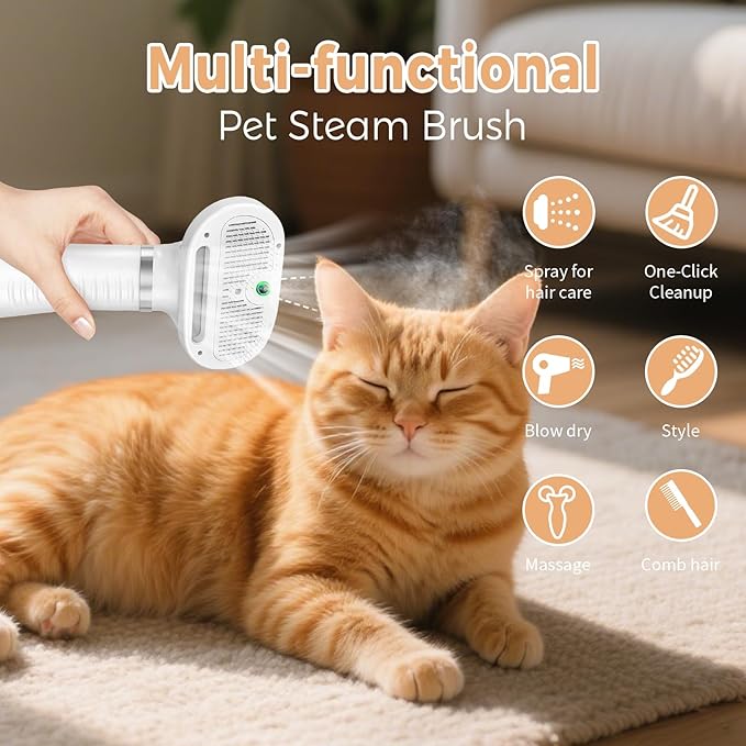 Cat Steam Brush with 600W High-Power Pet Dryer, Pet Spray Hair Removal Comb, 5 in 1 Cat &amp; Dog Brush for Shedding, Includes Shampoo(Wired)