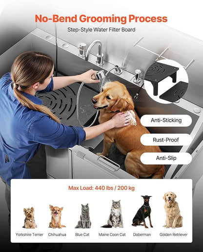 VEVOR Professional 304 Stainless Steel Dog Bathing Station, 61 inch Pet Grooming Tub w/Anti-Slip ramp, Storage Drawer, Cold Hot Faucet Showerhead for Large &amp; Medium &amp; Small (Right Door, with Drawer)