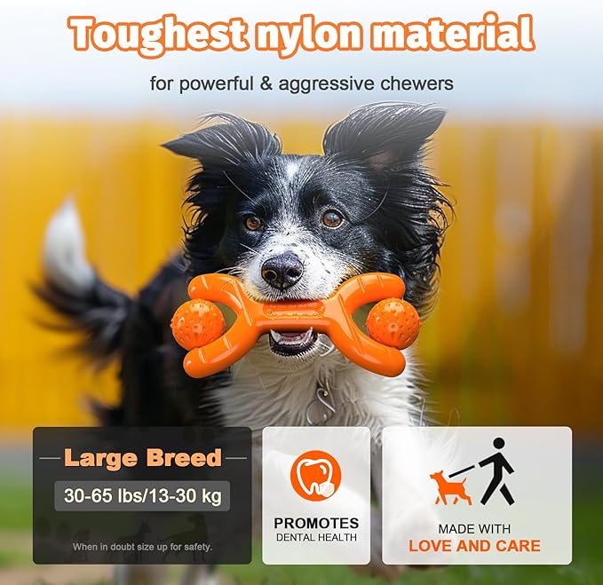 Indestructible Dog Toys for Aggressive Chewers - Heavy Duty Chew Proof Durable Toy for Large Breed Dogs, Interactive Tough Nylon Bone for Boredom Relief &amp; Mental Stimulation,Orange