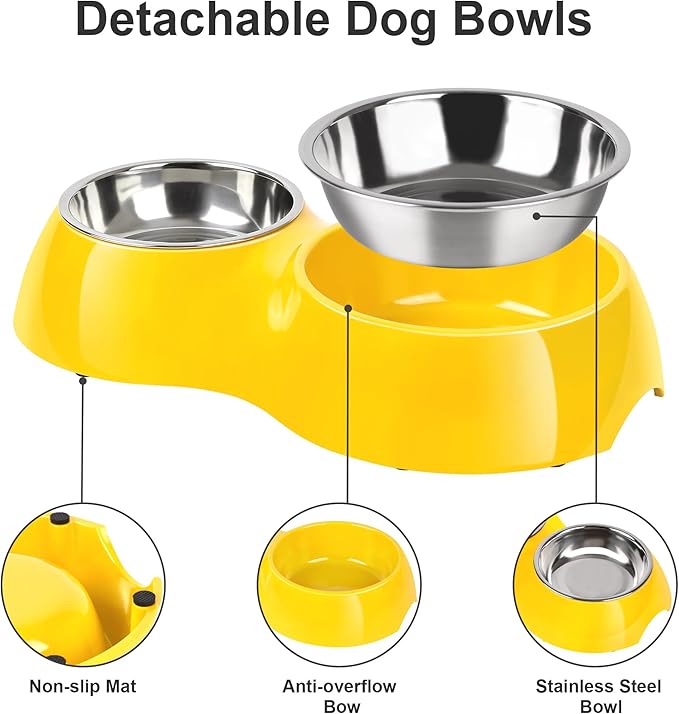 Elevated Dog Bowls Set - Non-Slip Raised Pet Feeder with Medium (2 Cups) &amp; Large (4 Cups) Stainless Steel Bowls - Includes Durable Resin Stand for Puppies, Adult Dogs &amp; Cats - Yellow