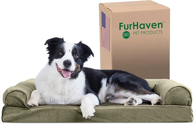 Furhaven Cooling Gel Dog Bed for Large/Medium Dogs w/ Removable Bolsters &amp; Washable Cover, For Dogs Up to 55 lbs - Faux Fur &amp; Velvet Sofa - Dark Sage, Large