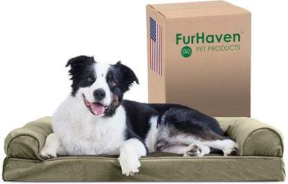 Furhaven Cooling Gel Dog Bed for Large/Medium Dogs w/ Removable Bolsters &amp; Washable Cover, For Dogs Up to 55 lbs - Faux Fur &amp; Velvet Sofa - Dark Sage, Large