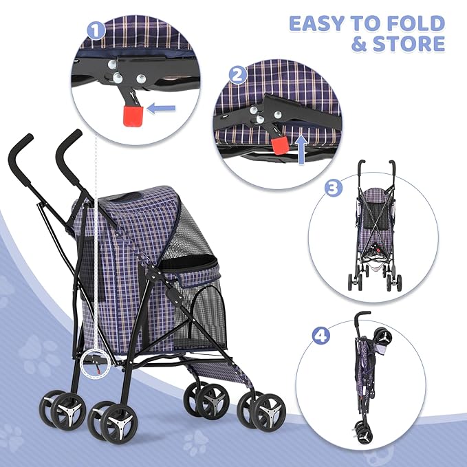 Magshion Compact Pet Stroller for Small-Medium Dogs/Cats up to 22lbs, 4-Wheel Lightweight Umbrella Shaped Portable Puppy Travel Jogger with Breathable Mesh &amp; Rear Storage, Plaid
