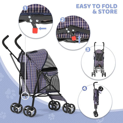 Magshion Compact Pet Stroller for Small-Medium Dogs/Cats up to 22lbs, 4-Wheel Lightweight Umbrella Shaped Portable Puppy Travel Jogger with Breathable Mesh &amp; Rear Storage, Plaid