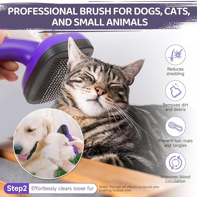 Dog Brush Kit – 3 PCS Grooming Set with Self-Cleaning Brush, Undercoat Rake &amp; Pet Bath Brush. Great for Shedding, Tangles &amp; Dirt Removal – Ideal for Long &amp; Short Haired Dogs &amp; Cats, Purple