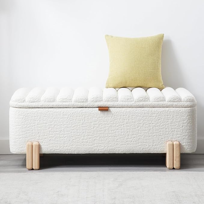 Kmax 45" Storage Bench Faux Fur Entryway Bench Upholstered Ottoman Bench with Wavy Top &amp; Safty Hinge for Bedroom Living Room Hallway, White