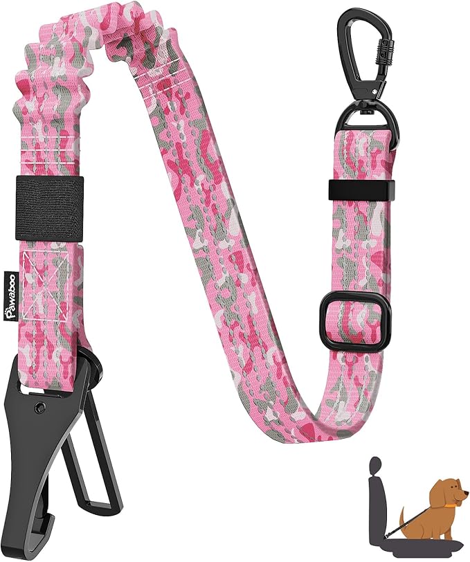 Pawaboo Dog Seatbelt for Car, 3-in-1 Dog Seat Belt Bungee, Shockproof Dogs Tether with Buckle &amp; Hook Latch, Adjustable Reflective Dogs Cars Harness Leash with 360° Lockable Buckle, Pink Camouflage