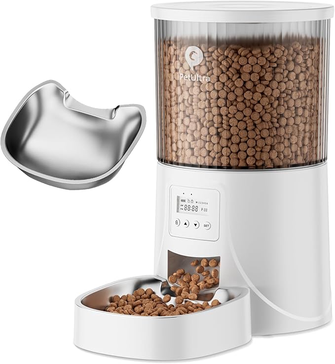 Automatic Cat Feeder: 4L Timed Cats Food Dispenser Programmable 1-6 Meal for Cat and Small Medium Dog- Auto Pet Feeder Dual Power Supply with Stainless Steel&amp; | Detachable Washable White