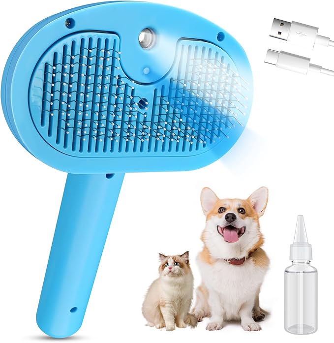Pet Steam Brush for Dog,Gentle Cat &amp; Dog Brush for Shedding Self-Cleaning Cat Brushes for Indoor Cats Spary Pet Hair Removal Tool for Massage,Grooming Dog Brush for Short&amp;Long Haired Dogs Blue