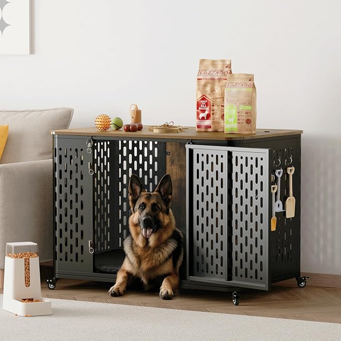 Heavy Duty Dog Crate Furniture for Large and Medium Dogs, 43.7 Inch Large Dog Crate Kennel with Flip Top &amp; Cushion &amp; Wheels, Escape Proof Pet Cage for High Anxiety Dogs