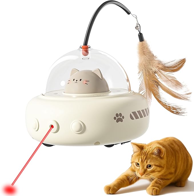 hooroor 2-in-1 UFO Laser Cat Toy – Automatic Motion with Feather, Rechargeable Smart Sensor Interactive Toy for Indoor Cats &amp; Dogs, Fun Exercise &amp; Play, Perfect Pet Gift