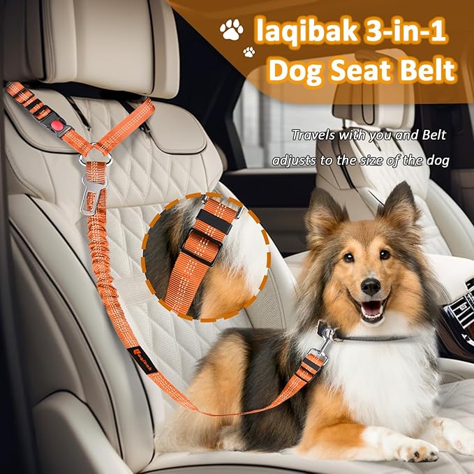 Removable Dog Seat Belt Harness for Car, 3 in 1 Pet Dog Car Seatbelt Leash, Retractable Restraint Secures to Vehicle Headrest &amp; Adjustable Reflective Bungee Dog Seatbelt Tether,Orange