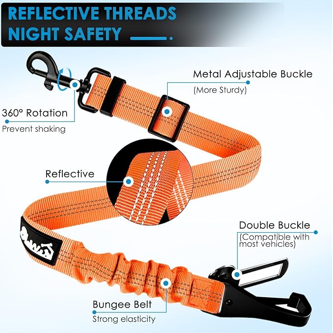 Lukovee Dog Seatbelt Leash for Cars, 2 Pack Pet Safety Car Seat Belt with Adjustable Buckle &amp; Reflective Bungee, Connect Dog Harness in Vehicle Car Dogs Restraint Travel Daily Use (Orange)
