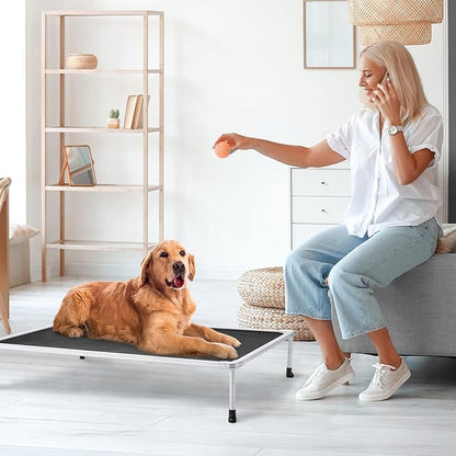 Veehoo Chewproof Elevated Dog Bed - Cooling Raised Pet Cot, Breathable Mesh, Washable &amp; Non-Slip for Large Dogs, Indoor/Outdoor, Black Mat and Silver Metal Frame, 42x30inches (Model CWC2203B03)