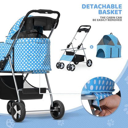 Magshion Foldable Pet Stroller, 3-in-1 Dog Travel Jogger with Detachable Carrier, Cup Holder, Storage Basket, Folding Carrier for Small/Medium Dogs &amp; Cats Up to 33 lbs, Sky Blue Polka Dots