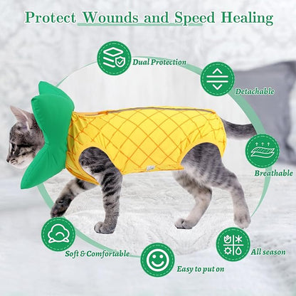 EMUST 2PCS Cat Recovery Suit &amp; Cat Cone Collar Female, Soft &amp; Adjustable Dog Surgery Suit Female Spay for Abdominal Wounds, Cotton Cone for Cats to Stop Licking for Small Female Pets 8-16lb, Yellow, L