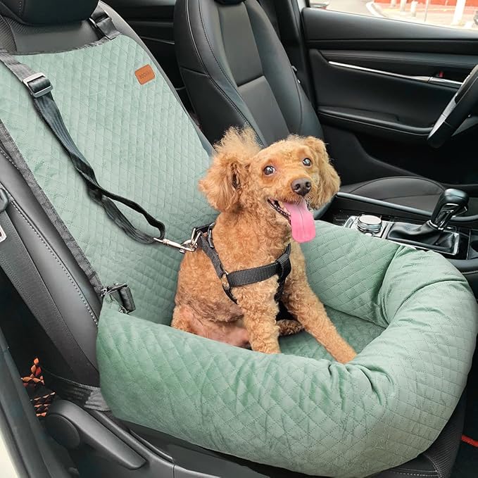 Dog Car Seat for Small Medium Dogs Up to 40lbs, Detachable Washable Soft Pet Booster Travel Bed for Front &amp; Green Seat with Safety Leash Belt