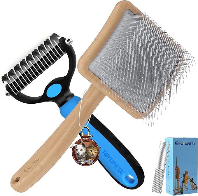Large Slicker Brush for Dogs - 3PC Pet Grooming Kit - Undercoat Rake &amp; Stainless Comb | Long Pins Remove Mats on Poodles, Golden, Labradoodles | Thick Coat Deshedder for Dogs, Cats, Oak