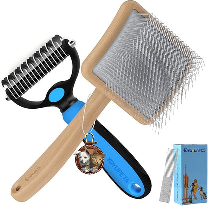 Large Slicker Brush for Dogs - 3PC Pet Grooming Kit - Undercoat Rake &amp; Stainless Comb | Long Pins Remove Mats on Poodles, Golden, Labradoodles | Thick Coat Deshedder for Dogs, Cats, Oak