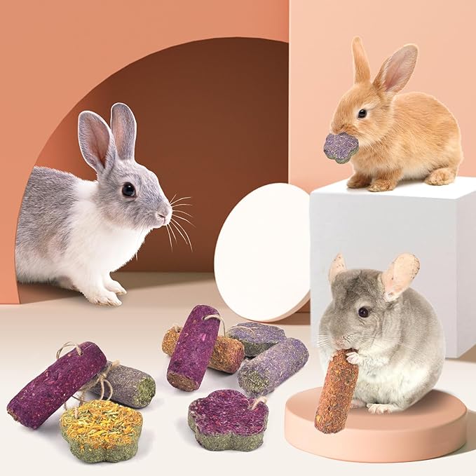 12PCS Rabbit Chew Sticks, Hanging Chew Sticks &amp; Cakes Timothy Hay Rose Chrysanthemum Treat for Bunny Chinchilla Guinea Pig Hamster and Other Small Pets Molar Snack Toy