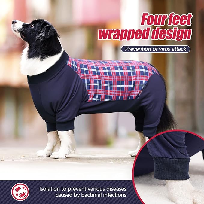 Dog Recovery Suit, Abdominal Wound After Surgery Wear, Anti Licking Bodysuit with Zipper, E-Collar &amp; Cone Alternatives, Plaid Dog Spay Surgical Onesie Prevent Shedding(2XL, Red)
