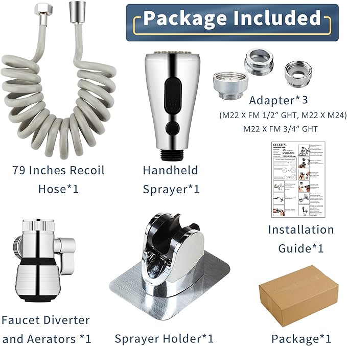 CECEFIN Kitchen Sink Sprayer Hose Attachment for Faucet, Kitchen Faucet Head Replacement w/ 79" Recoil Hose and Holder, Pressurized Water Saving Aerator &amp; Diverter Valve, Faucet Sprayer Attachment Set
