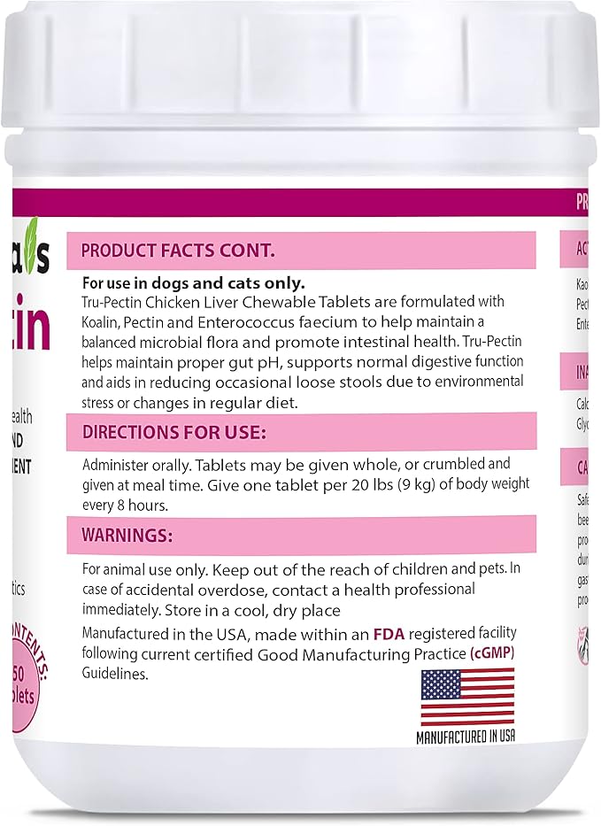 Tru-Pectin Anti-Diarrheal for Dogs &amp; Cats, 250 Tablets– Chicken Liver Flavor –Helps Reduce Occasional Loose Stool &amp; Diarrhea, Balance Gut pH, Support Normal Digestion &amp; Gut Flora -Made in USA