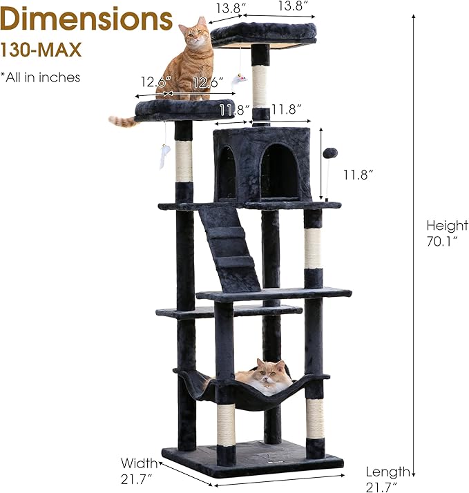 MWPO 70.1-Inch Large Cat Tree, Multi-Level Tall Cat Tower for Indoor Cats, Plush Cat Condo with Big Padded Perches, Sisal-Covered Scratching Posts, Hammock, Toys for Kittens &amp; Cats - Smoky Grey