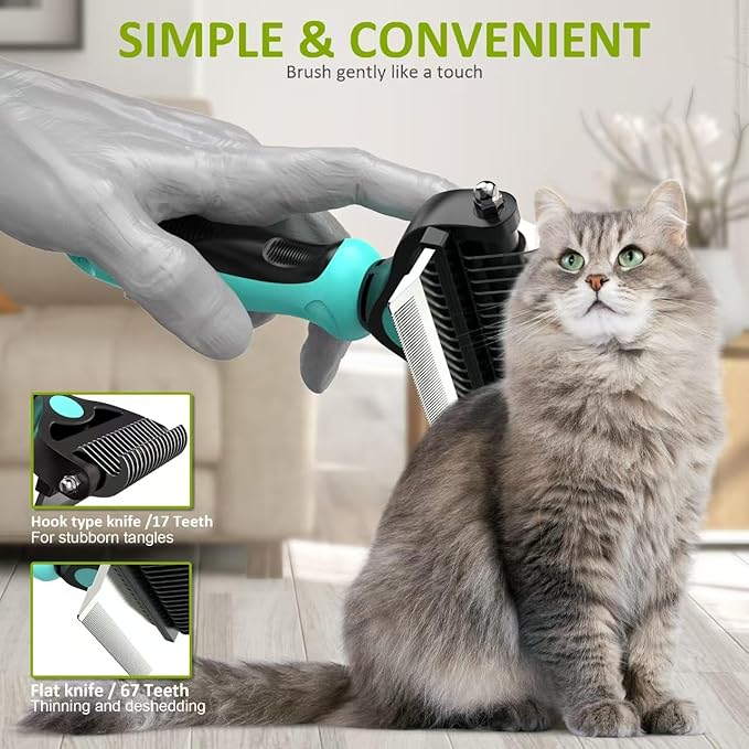 Spring Blossoms-2 in 1 Professional Grooming Rake for Cats &amp; Dogs-Dematting Comb for Easy Mats &amp; Tangles Removing,Pet Brush Safe No More Nasty Shedding and Flying Hair (Cyan)