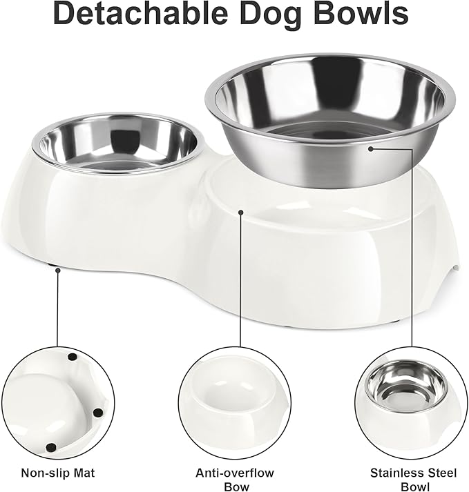 Elevated Dog Bowls Set - Non-Slip Raised Pet Feeder with Medium (10 oz) &amp; Large (20 oz) Stainless Steel Bowls - Includes Durable Resin Stand for Puppies, Adult Dogs &amp; Cats - White