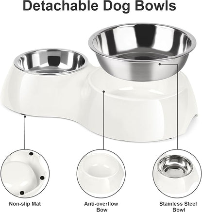 Elevated Dog Bowls Set - Non-Slip Raised Pet Feeder with Medium (10 oz) &amp; Large (20 oz) Stainless Steel Bowls - Includes Durable Resin Stand for Puppies, Adult Dogs &amp; Cats - White
