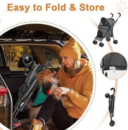 Wedyvko Travel Portable Dog Stroller, Pet Stroller for Small Puppy Dogs &amp; Cats, Up to 33 lbs, Dark Grey