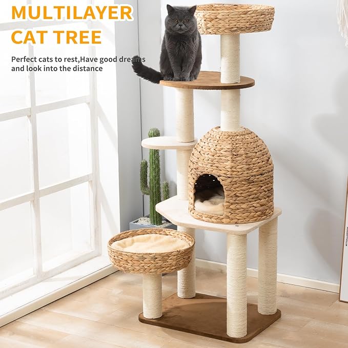 Large Wood Cat Tree Tower for Indoor Cats, Multi-Cats Scratching Post &amp; Cat Condo with Handwoven Cat House Basket, Thick Sisal Posts, Modern Stable Cats Tower Furniture
