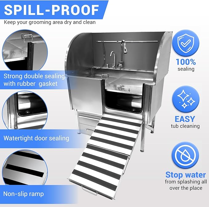 Professional Dog Grooming Tub, 50" Stainless Steel Dog Wash Station with Foldable Ramp, Storage Drawer, Floor Grate &amp; Faucet/Dog Bathtub for Large, Medium &amp; Small Pets - Right Door (50")
