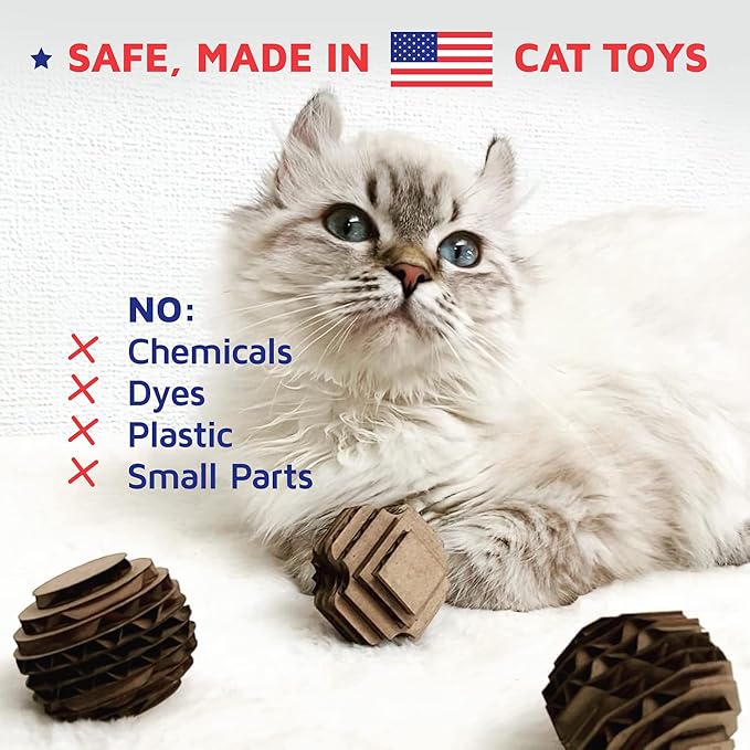 Cat Ball Toys by Americat – Made in USA – Safe Cardboard Cat Toys – for Interactive and Independent Play, Exercise &amp; Stress Relief for All Breeds &amp; Ages (Pack of 3 Round Balls)