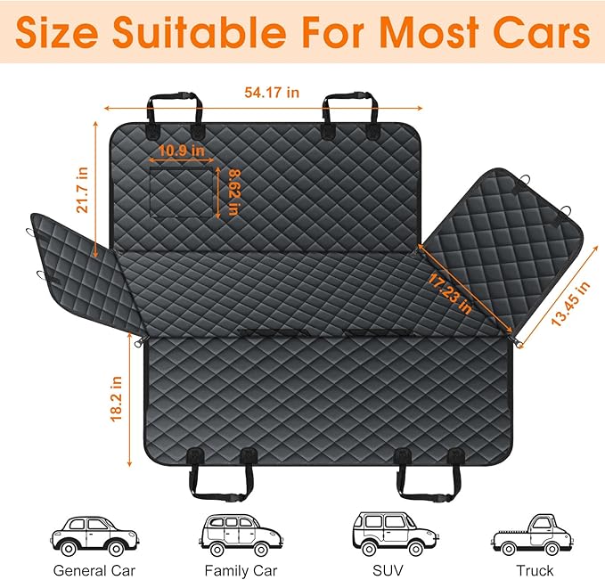 Waterproof Dog Car Seat Cover for Back Seat - Durable, Scratch Proof Pet Hammock with Nonslip Design &amp; Storage Pockets, Fits Cars, SUVs, Trucks- S, Black