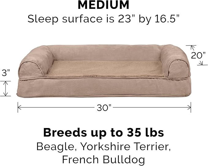 FurHaven Orthopedic Foam Sofa Dog Bed with Washable &amp; Removable Cover - Plush/Suede - Almondine, Dogs Up to 35 lbs - Medium