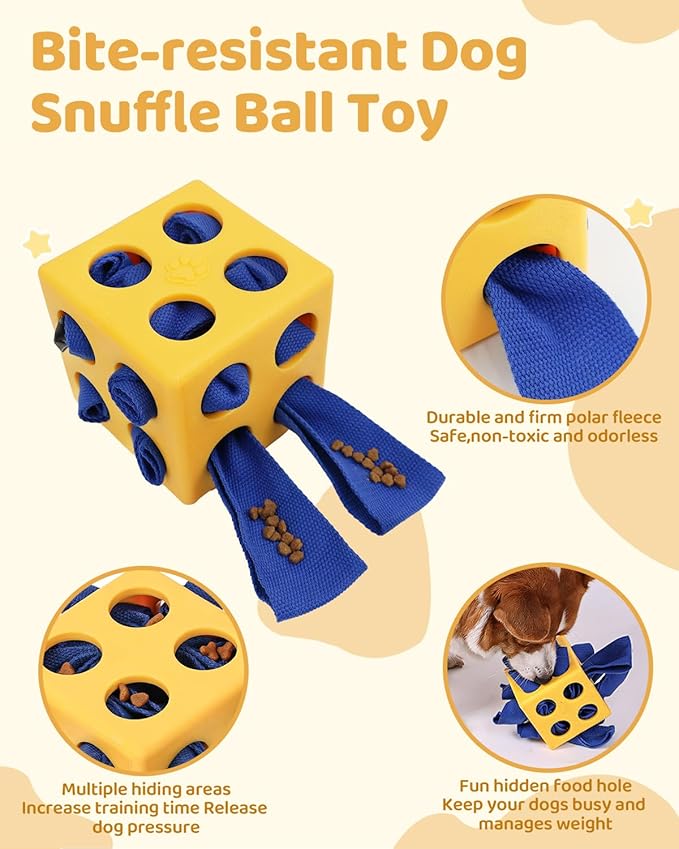 Interactive Puzzle Dog Toy Encourage Natural Foraging Skill, Durable Dog Enrichment Toy Snuffle Cube Cloth Strip with Hide &amp; Seek Food, Slow Feeder for Mind Stimulate &amp; Stress Relief (Yellow)