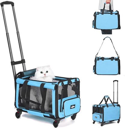Pet Carrier with Wheels, Durable Airline Approved Cat Crate, Foldable Rolling Dog Carrier, Cat Rolling Bag for Cat &amp;Dog, Use for Travel, Outdoor, Vet Visits, Camping, Indoor. Blue.