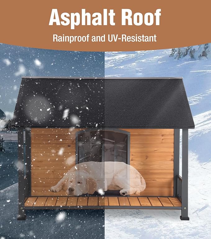 Extra Large Dog House Outdoor for Large Dogs, Insulated Dog House with Metal Frame, Waterproof Dog Shelter with Asphalt Roof, PVC Curtain &amp; Multifunctional Patio, Indoor Outdoor Use