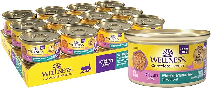 Wellness Complete Health Pate Kitten Wet Cat Food Canned Food, Natural, Protein-Rich, Grain Free, 3 Ounce Cans, 24 Pack, (Whitefish &amp; Tuna)