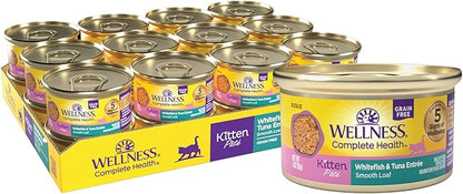 Wellness Complete Health Pate Kitten Wet Cat Food Canned Food, Natural, Protein-Rich, Grain Free, 3 Ounce Cans, 24 Pack, (Whitefish &amp; Tuna)